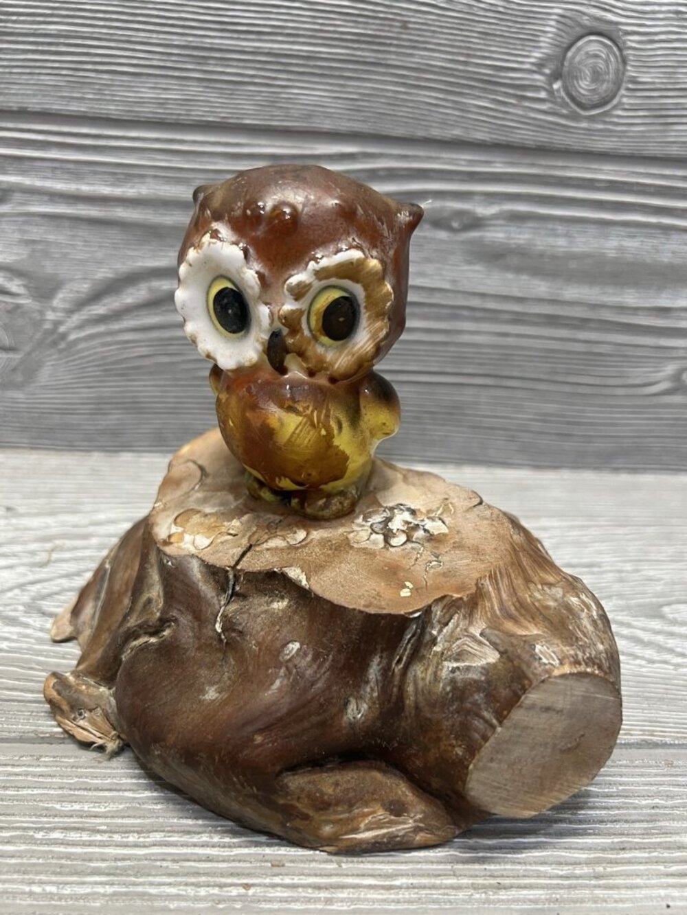 Vintage Ceramic Brown Owl Shaker Mounted on Wood 6” X 6” X 5” Rustic Retro